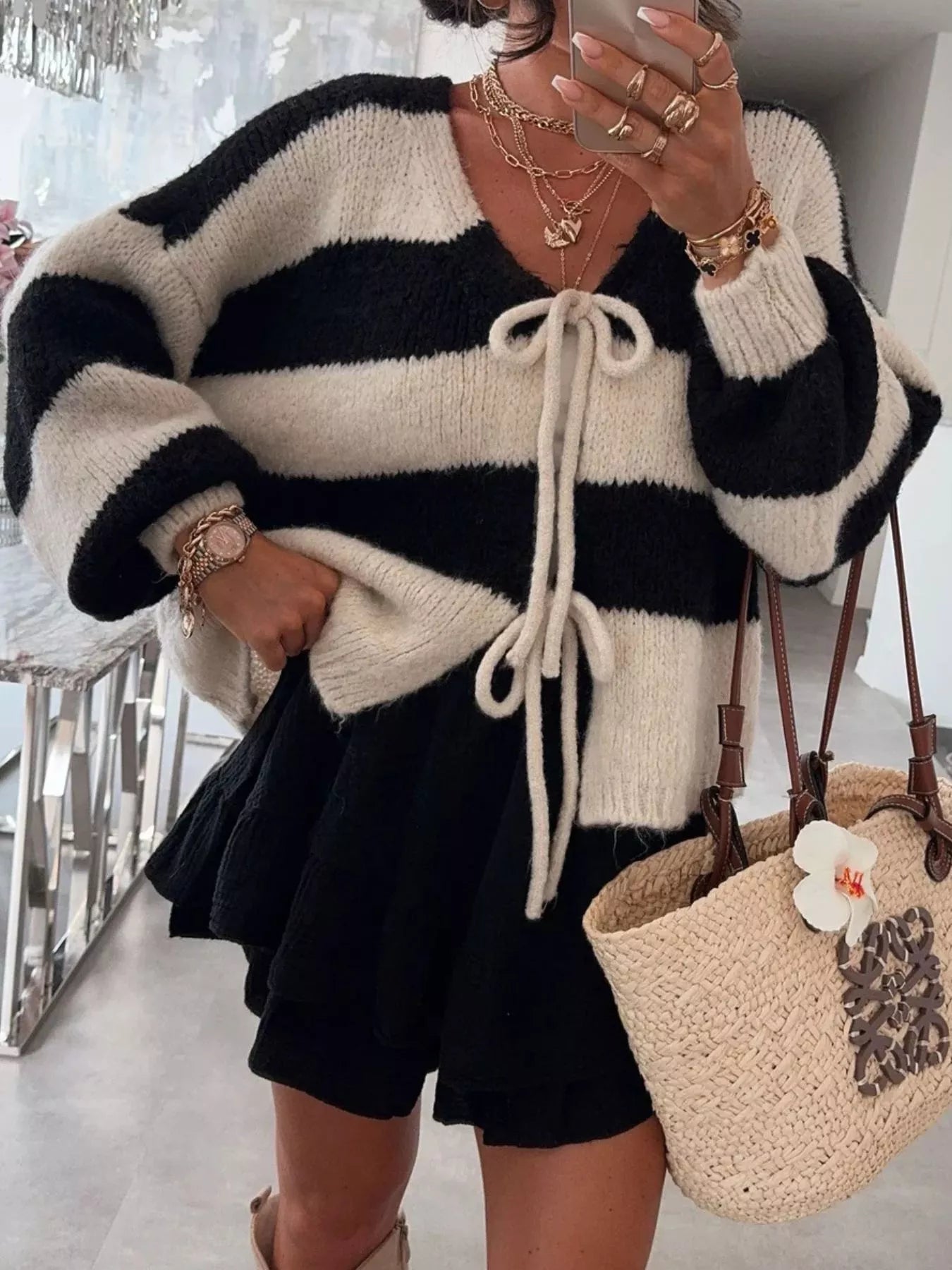 Striped Tie-Front Knit Cardigan Trendsi