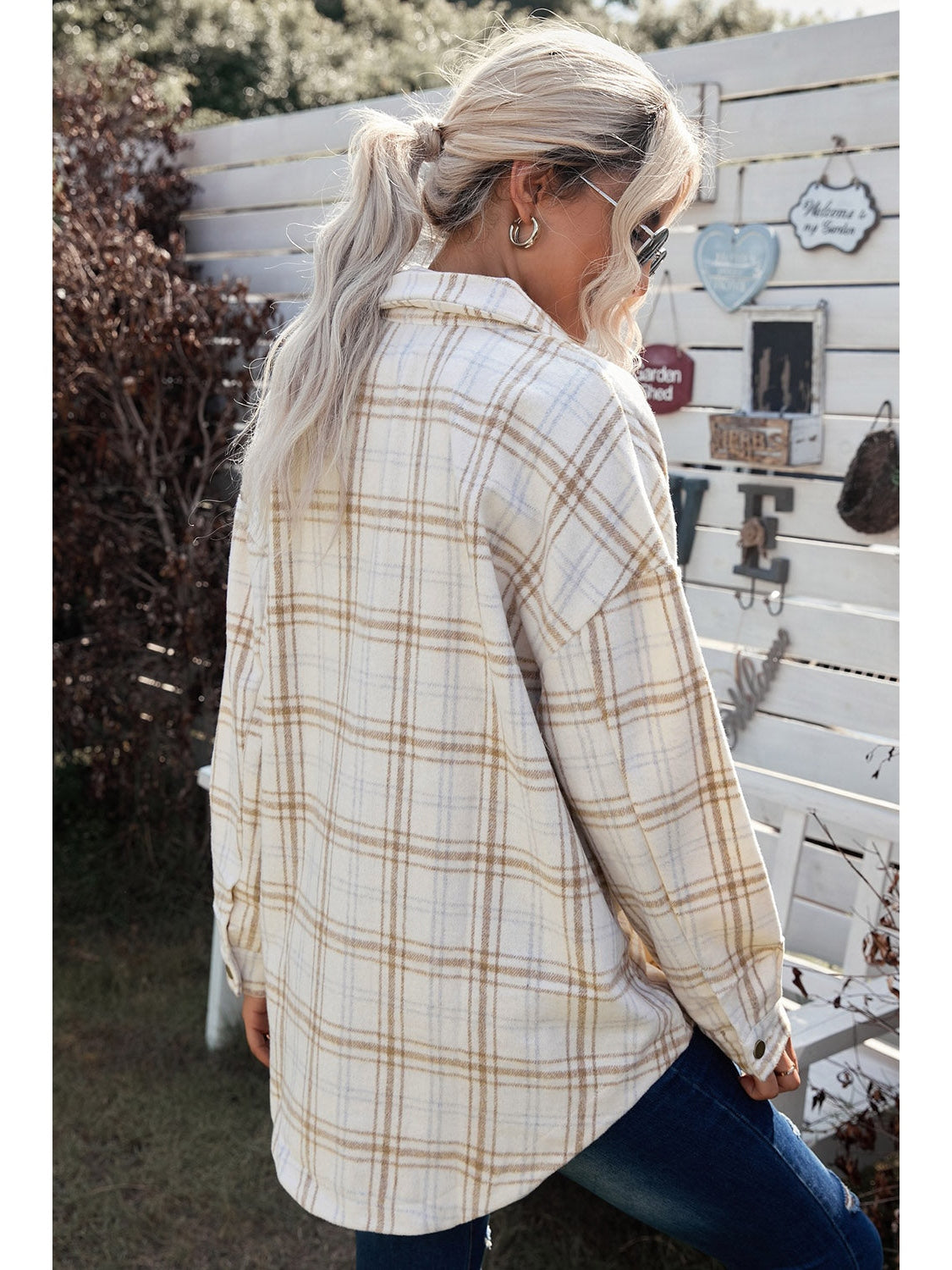 Plaid Curved Hem Dropped Shoulder Longline Shirt Jacket nicholesgifts