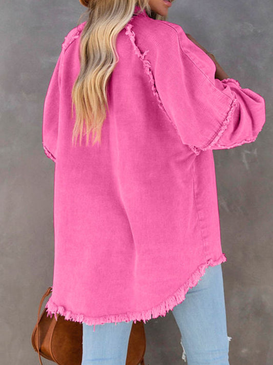 Button Down Raw Hem Denim Jacket nicholesgifts