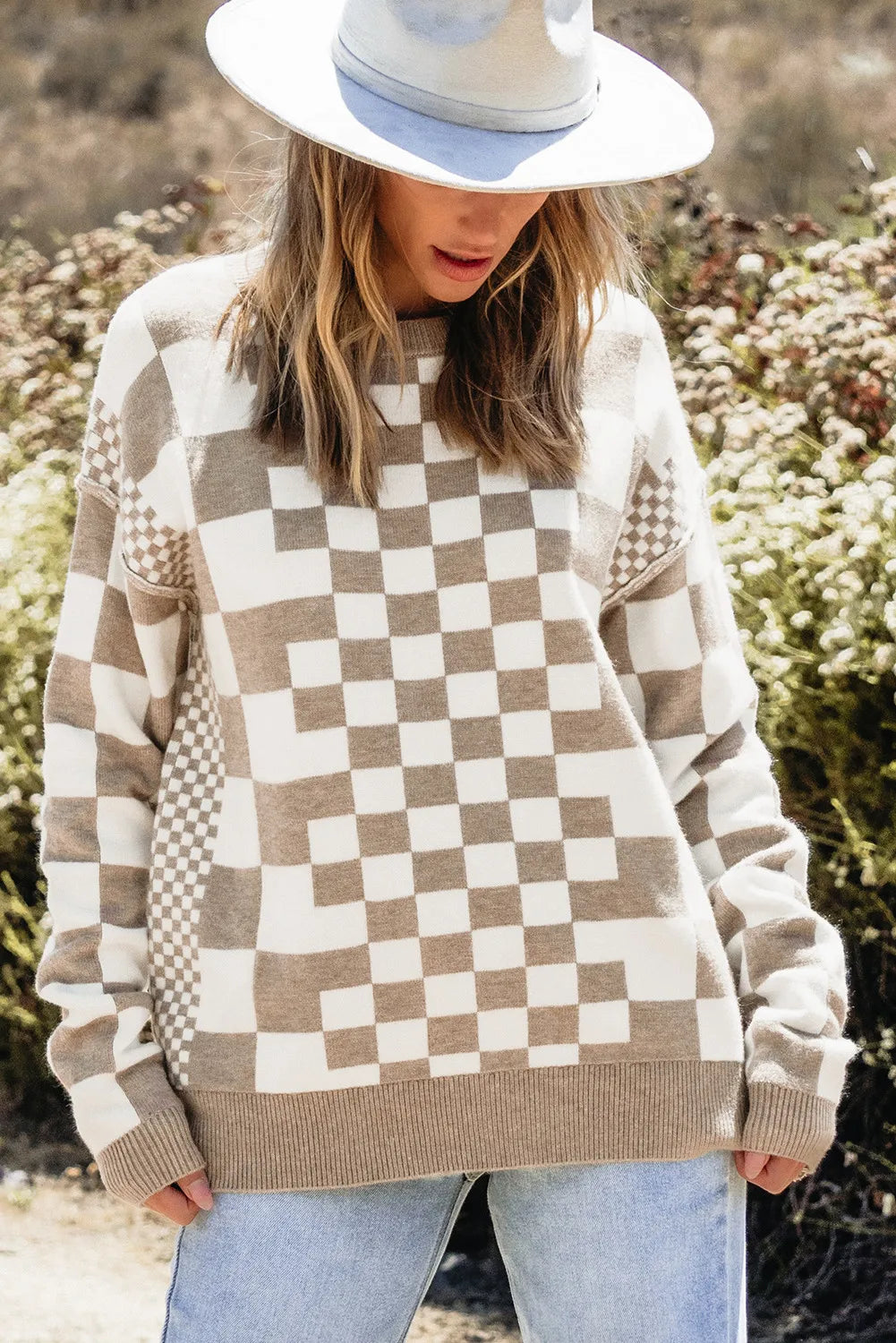 Women Checkered Round Neck Long Sleeve Sweater