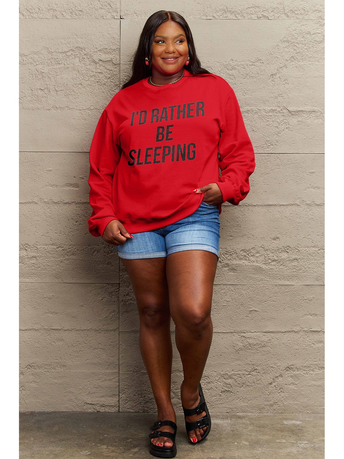 Simply Love Full Size I'D RATHER BE SLEEPING Round Neck Sweatshirt nicholesgifts