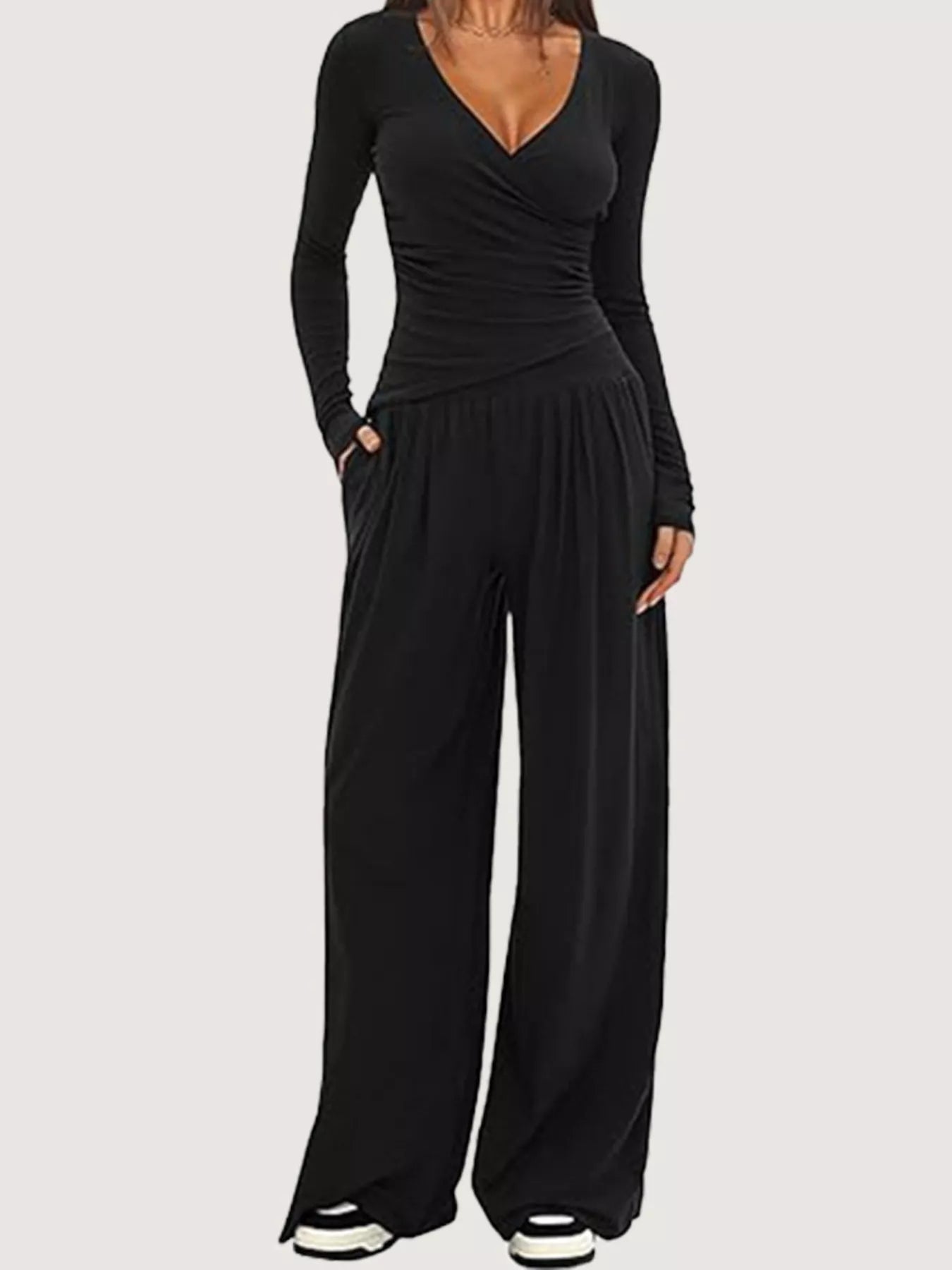 Casual Long Sleeve Top and Wide Leg Pants Set nicholesgifts