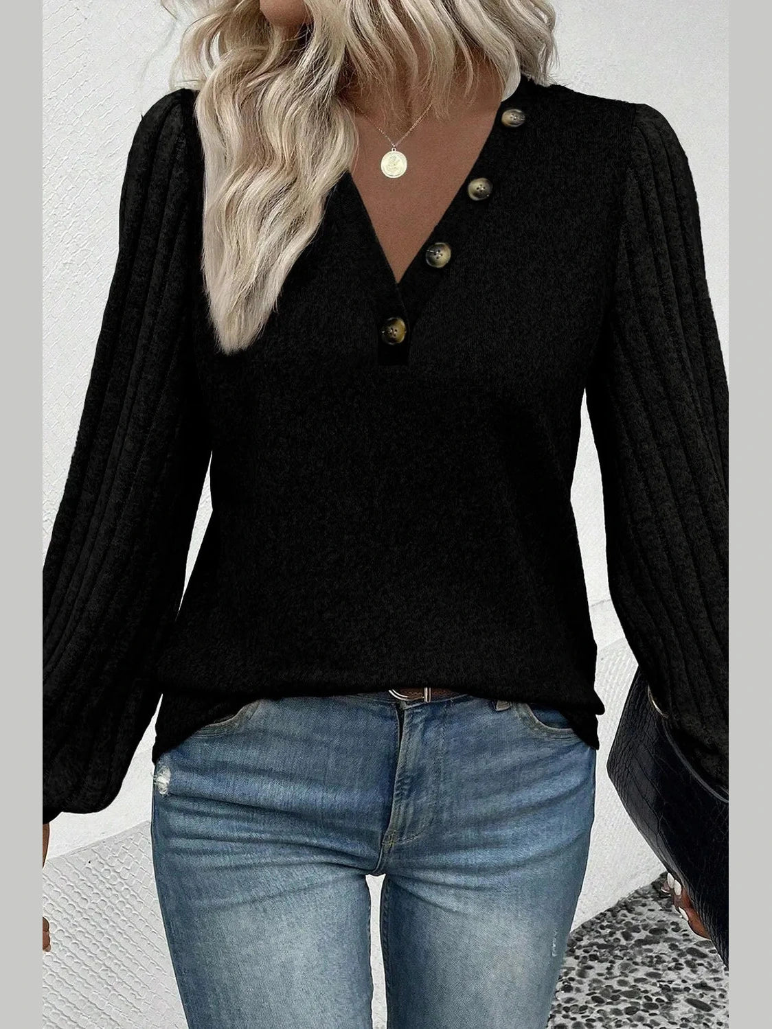Decorative Button V-Neck Lantern Sleeve Blouse