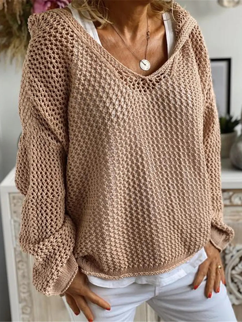 Openwork Hooded Long Sleeve Sweater nicholesgifts