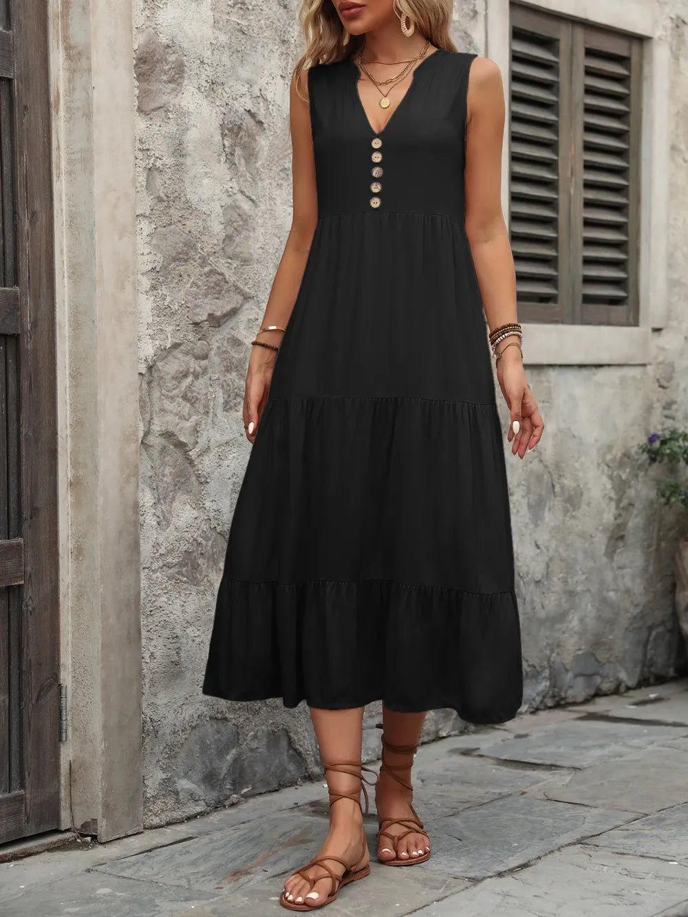 Ivy Lane Decorative Button Notched Sleeveless Dress Trendsi