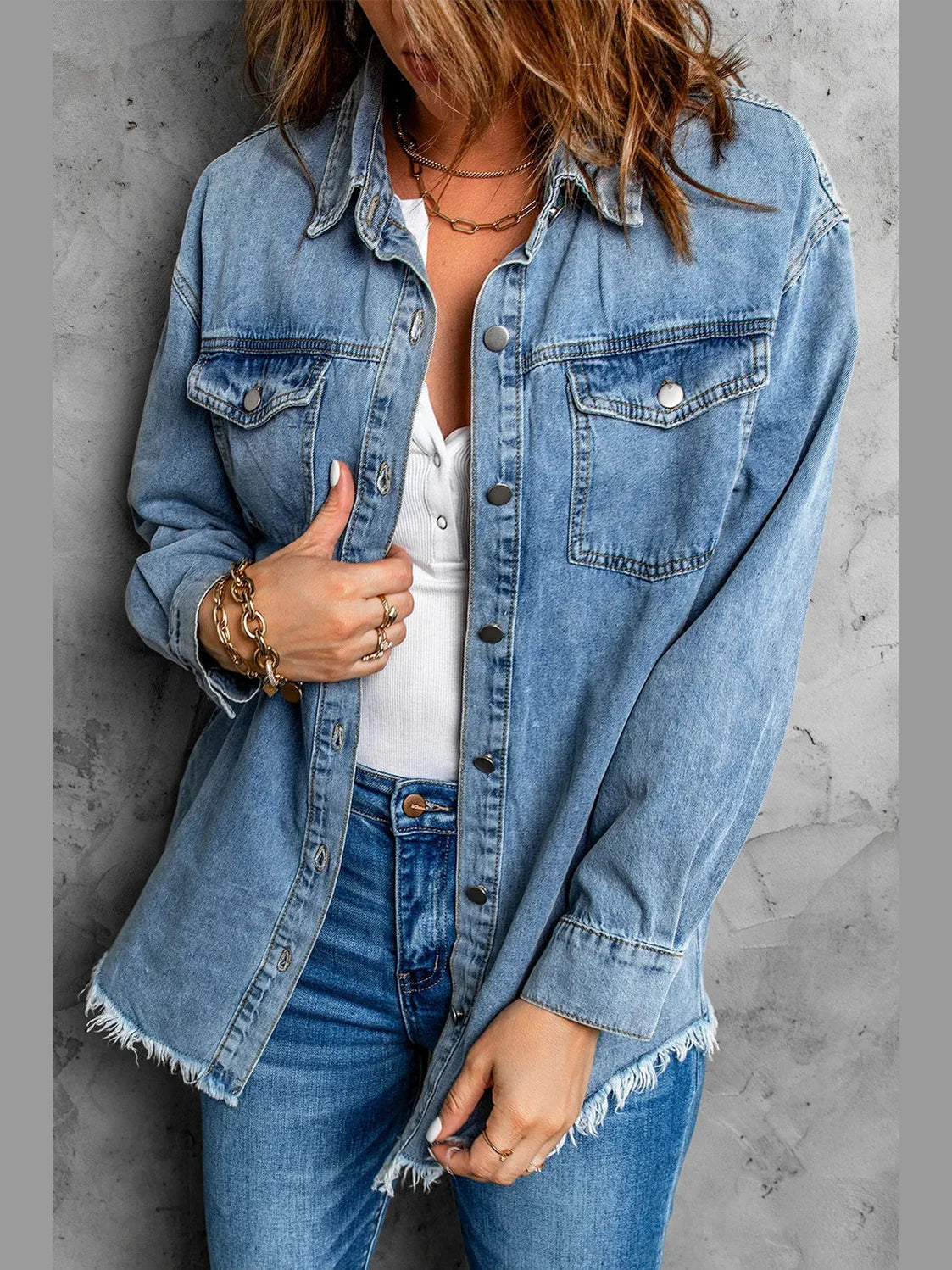 Button Up Pocketed Raw Hem Denim Jacket nicholesgifts