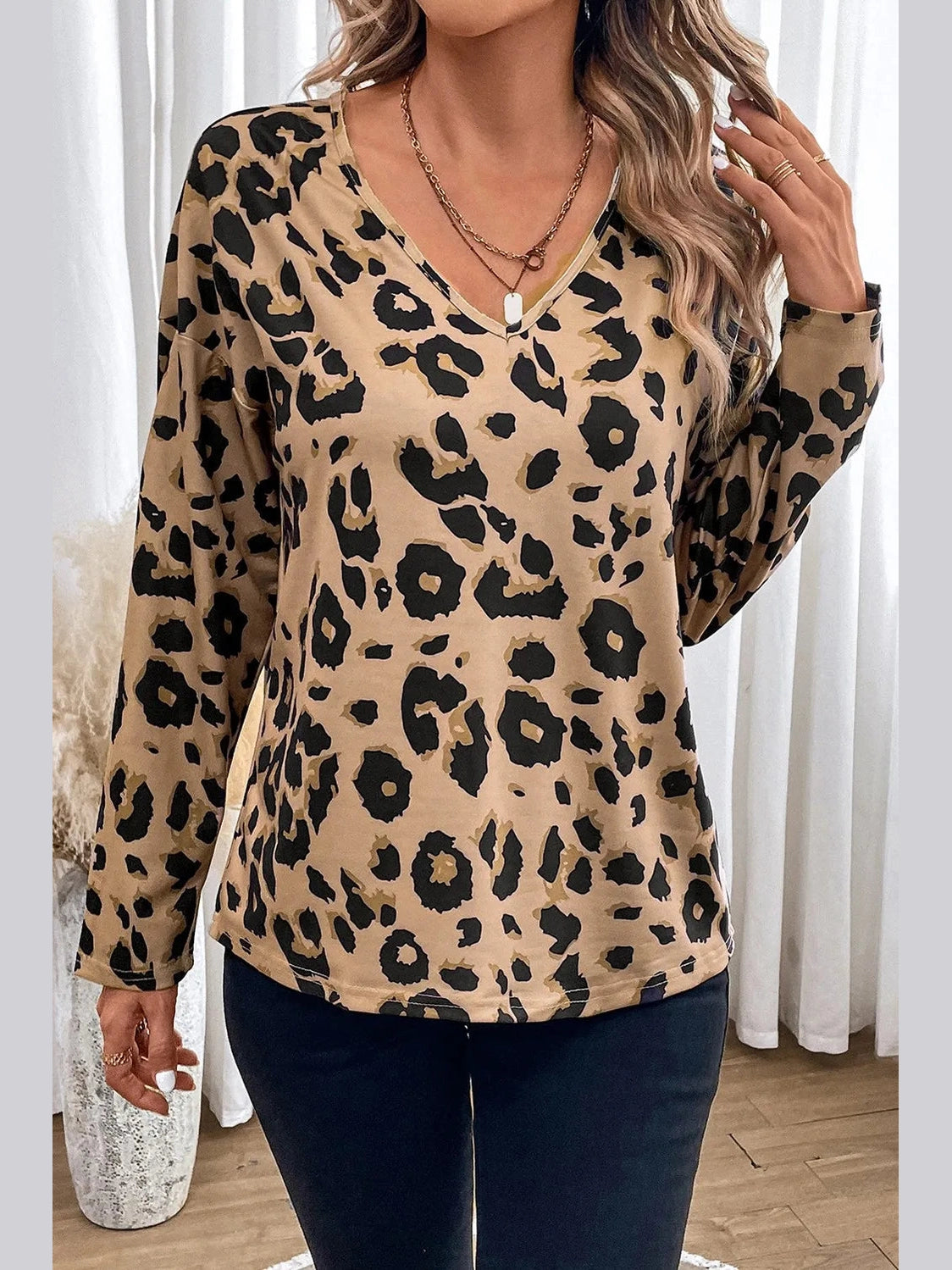 Leopard V-Neck Dropped Shoulder Blouse NicholesGifts