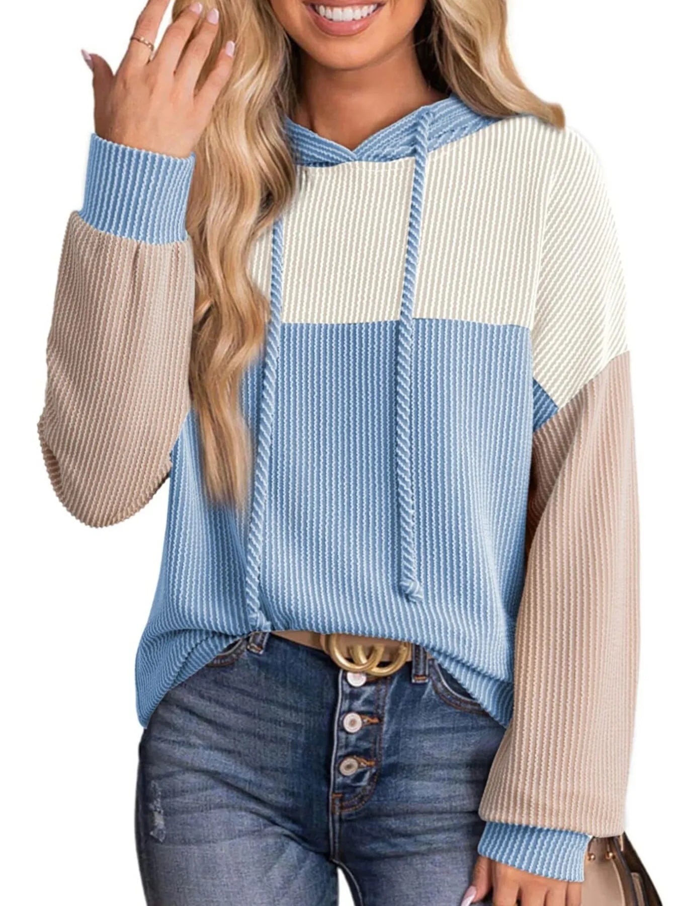 Drawstring Color Block Long Sleeve Hoodie