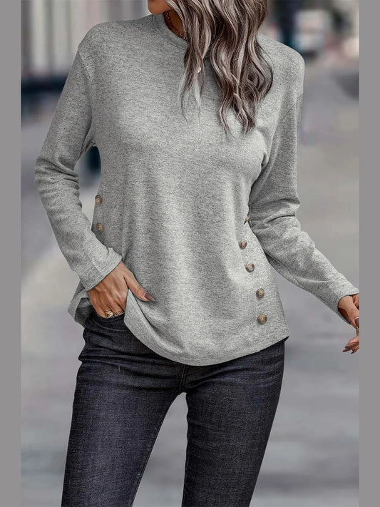 Decorative Button Round Neck Long Sleeve Top