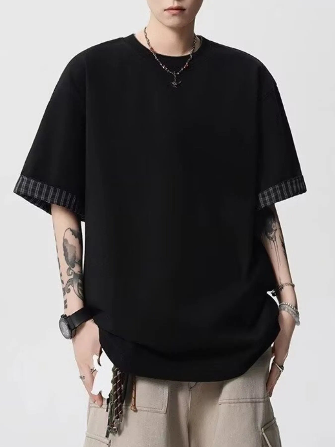 Men's Plaid Trim Round Neck Short Sleeve T-Shirt Trendsi