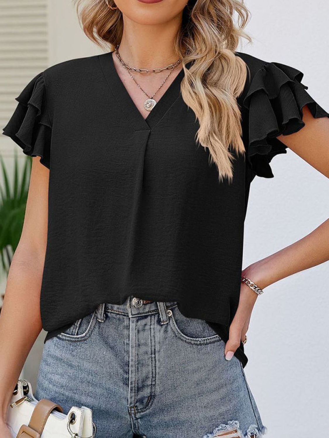 Ruffled V-Neck Cap Sleeve Blouse nicholesgifts