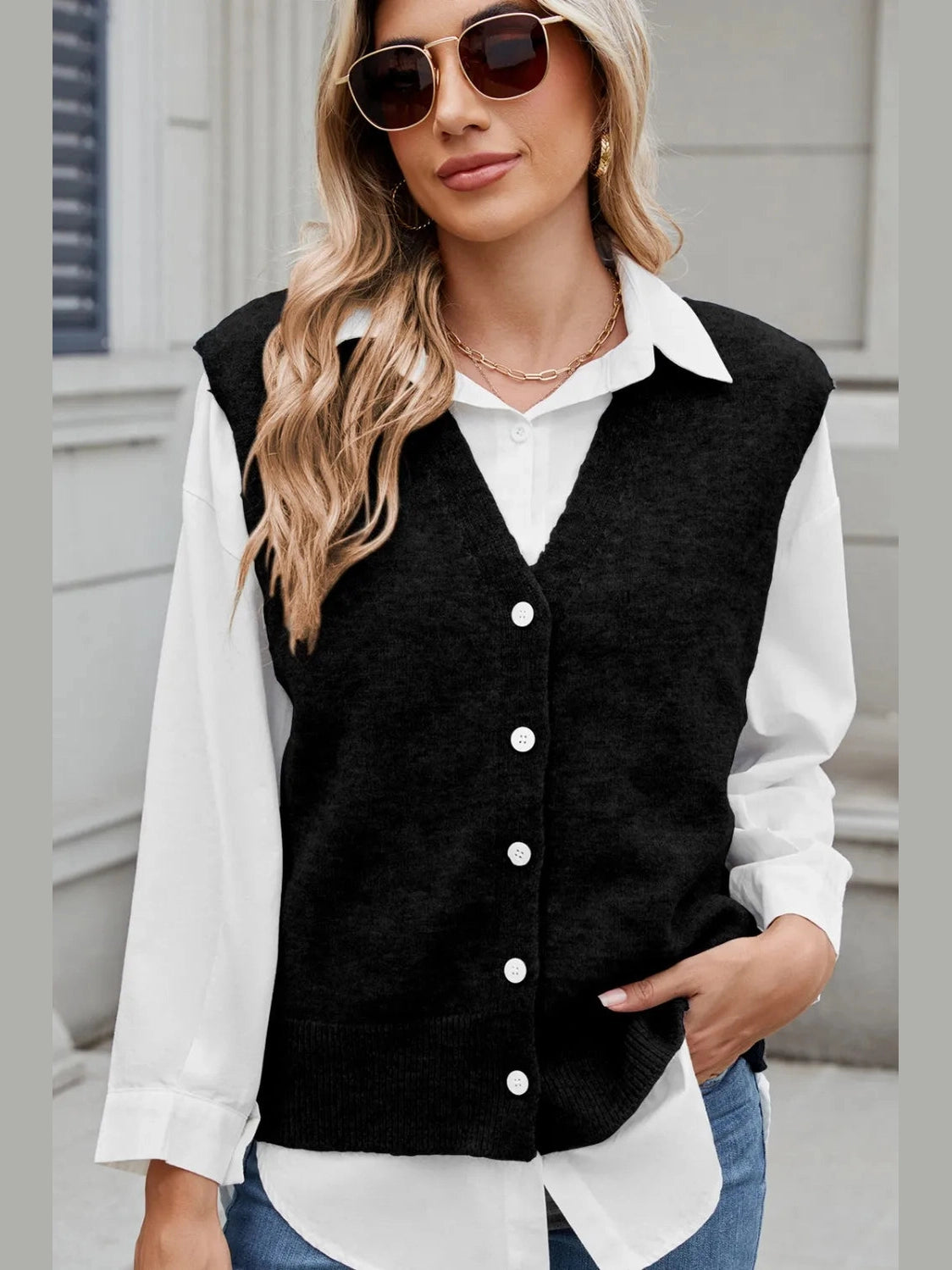 Button Down V-Neck Sweater Vest nicholesgifts
