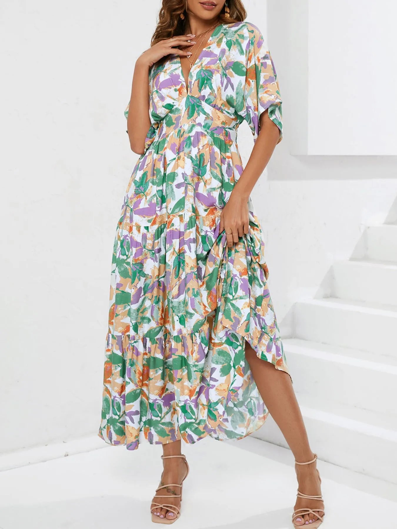 Floral Print V-neck Boho Midi Dress Trendsi