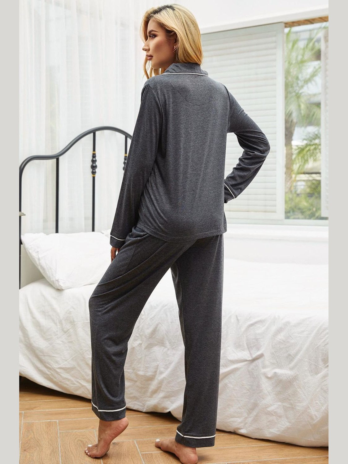 Contrast Piping Button Down Top and Pants Loungewear Set nicholesgifts