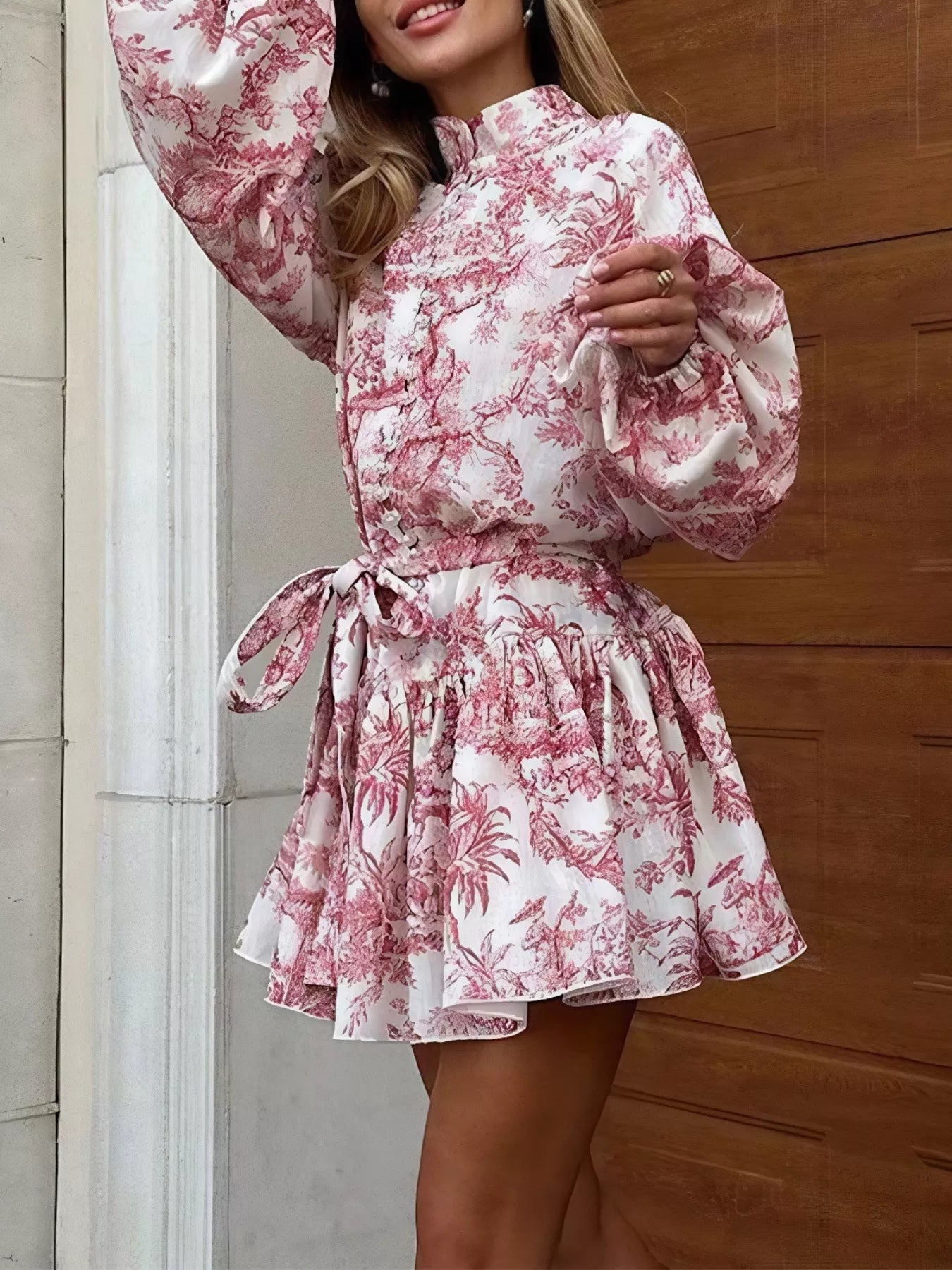 Women Printed Balloon Sleeve Tie Waist Dress