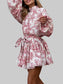 Women Printed Balloon Sleeve Tie Waist Dress nicholesgifts