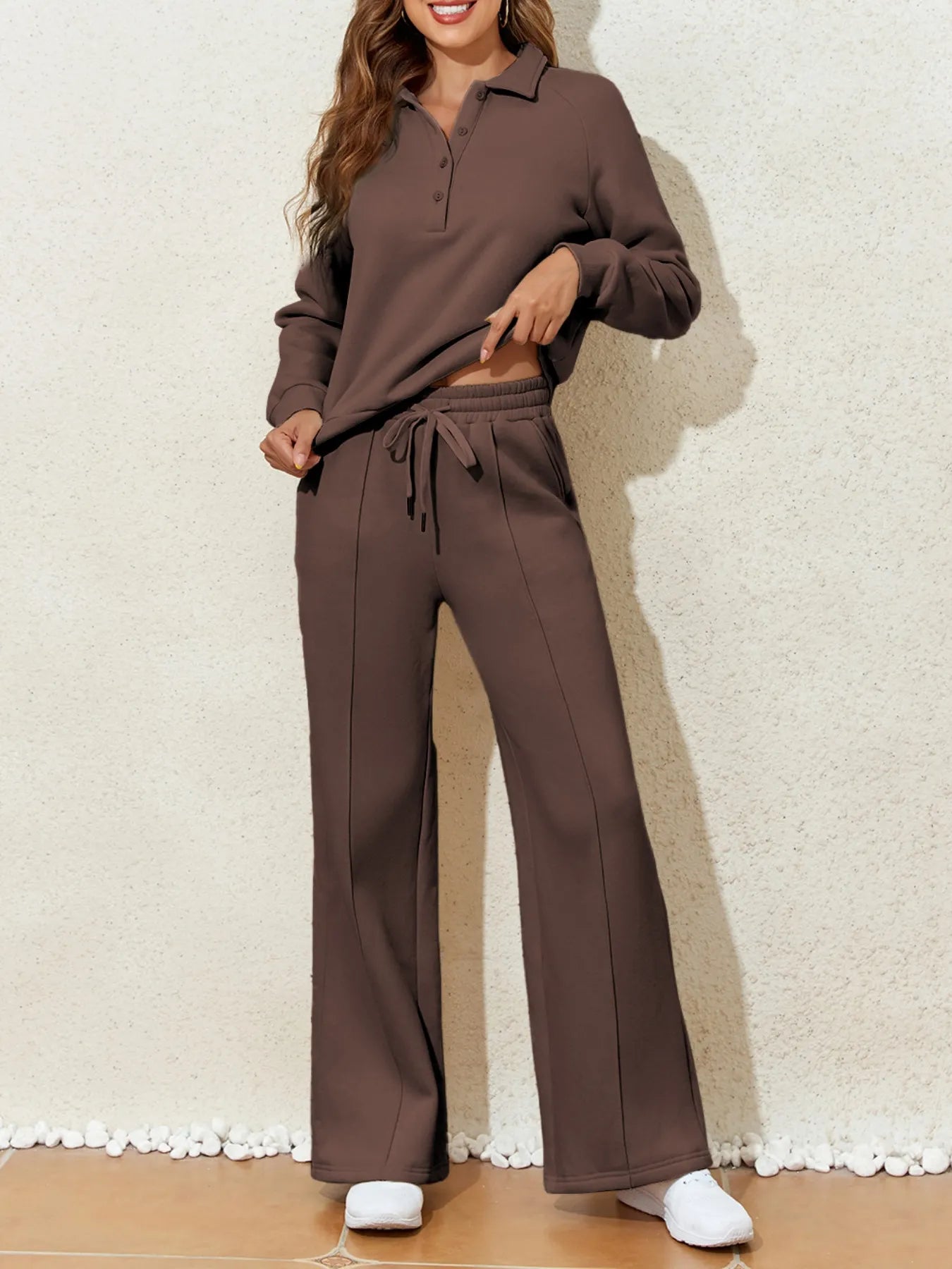Collared Sweatshirt and High Waist Pants Active Set nicholesgifts