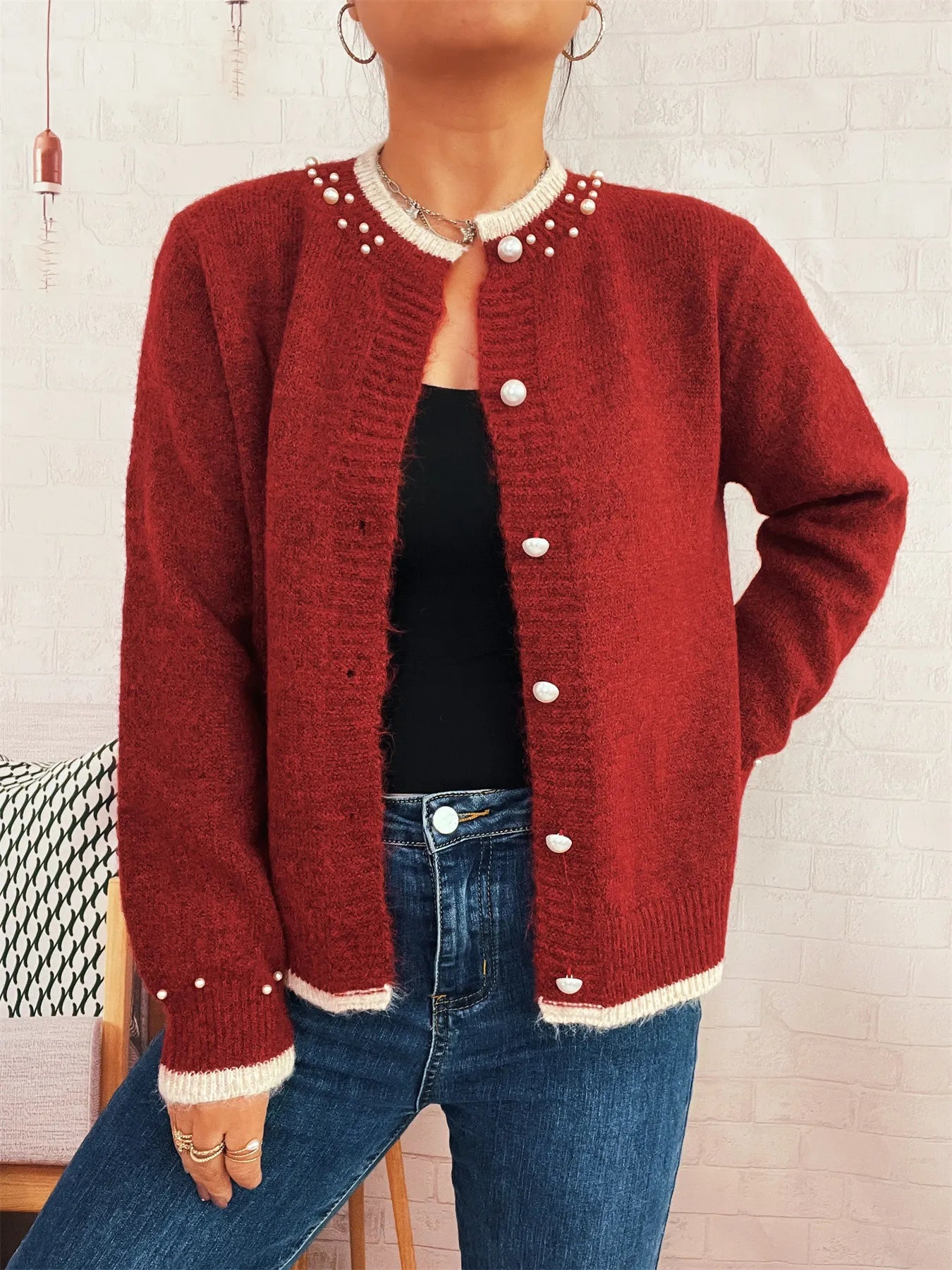 Pearl Embellished Button-Front Cardigan Trendsi