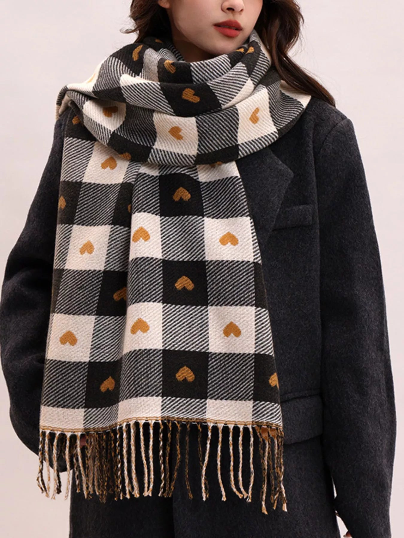 Women Heart Pattern Plaid Tassel Scarf For Valentine's Day Gift For Her nicholesgifts