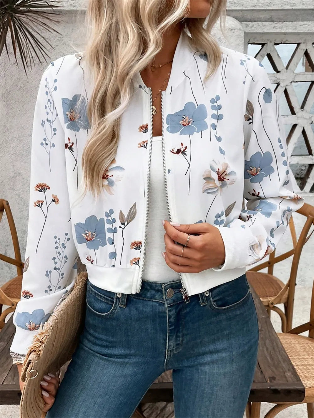 Printed Zip Up Long Sleeve Jacket nicholesgifts