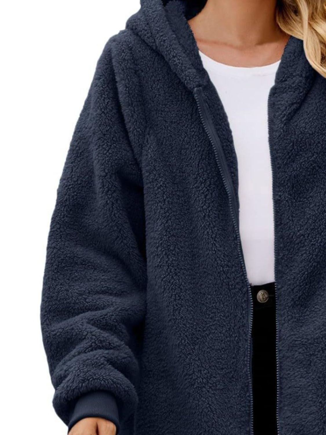 Fuzzy Pocketed Zip Up Long Sleeve Hooded Jacket NicholesGifts