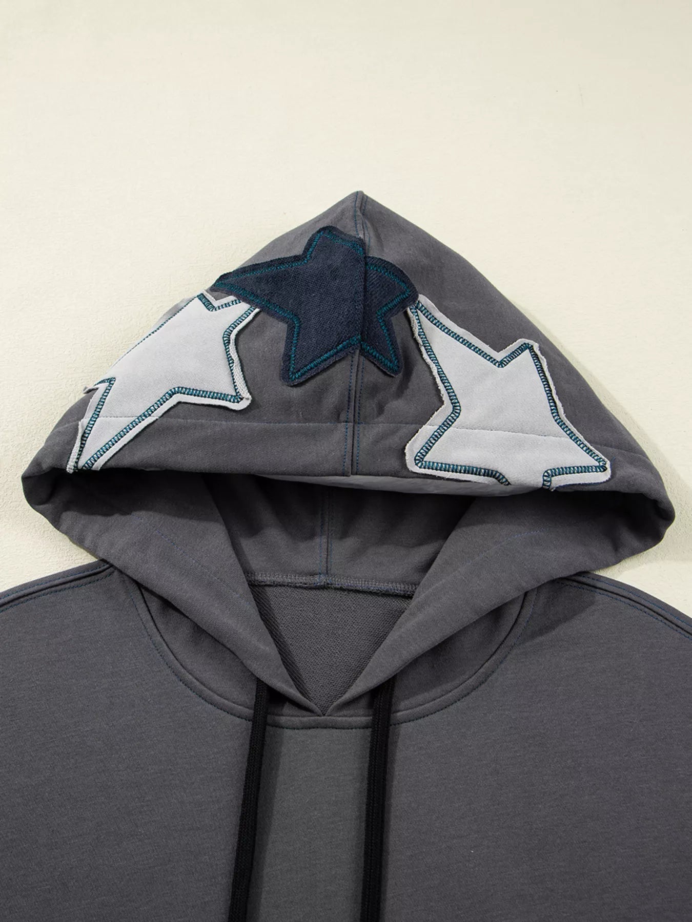 Star Patchwork Contrast Stitching Mineral Wash Kangaroo Pocket Hoodie