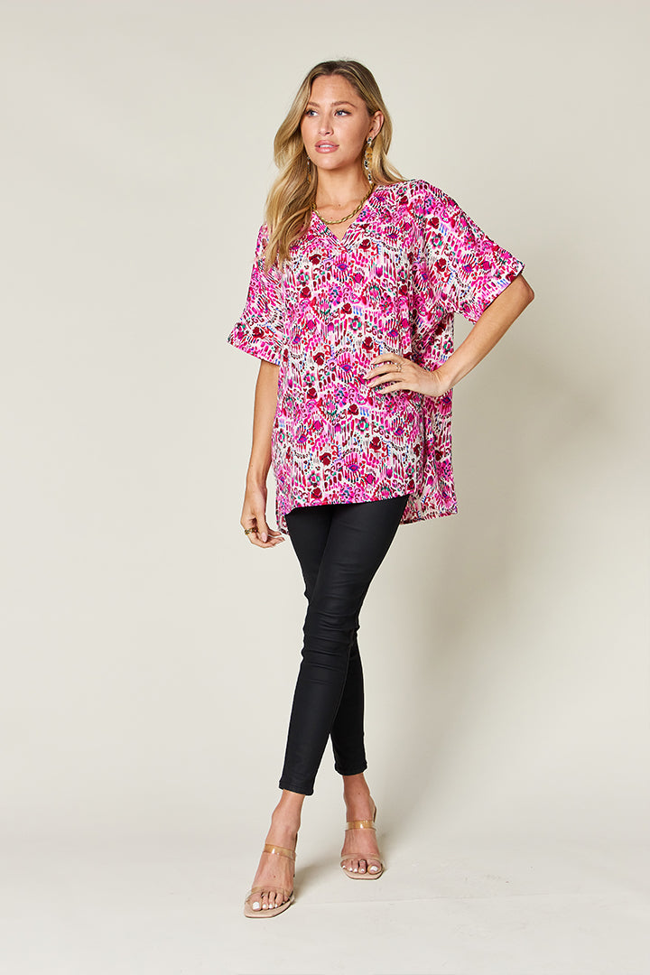 Double Take Full Size Printed V-Neck Short Sleeve Blouse nicholesgifts