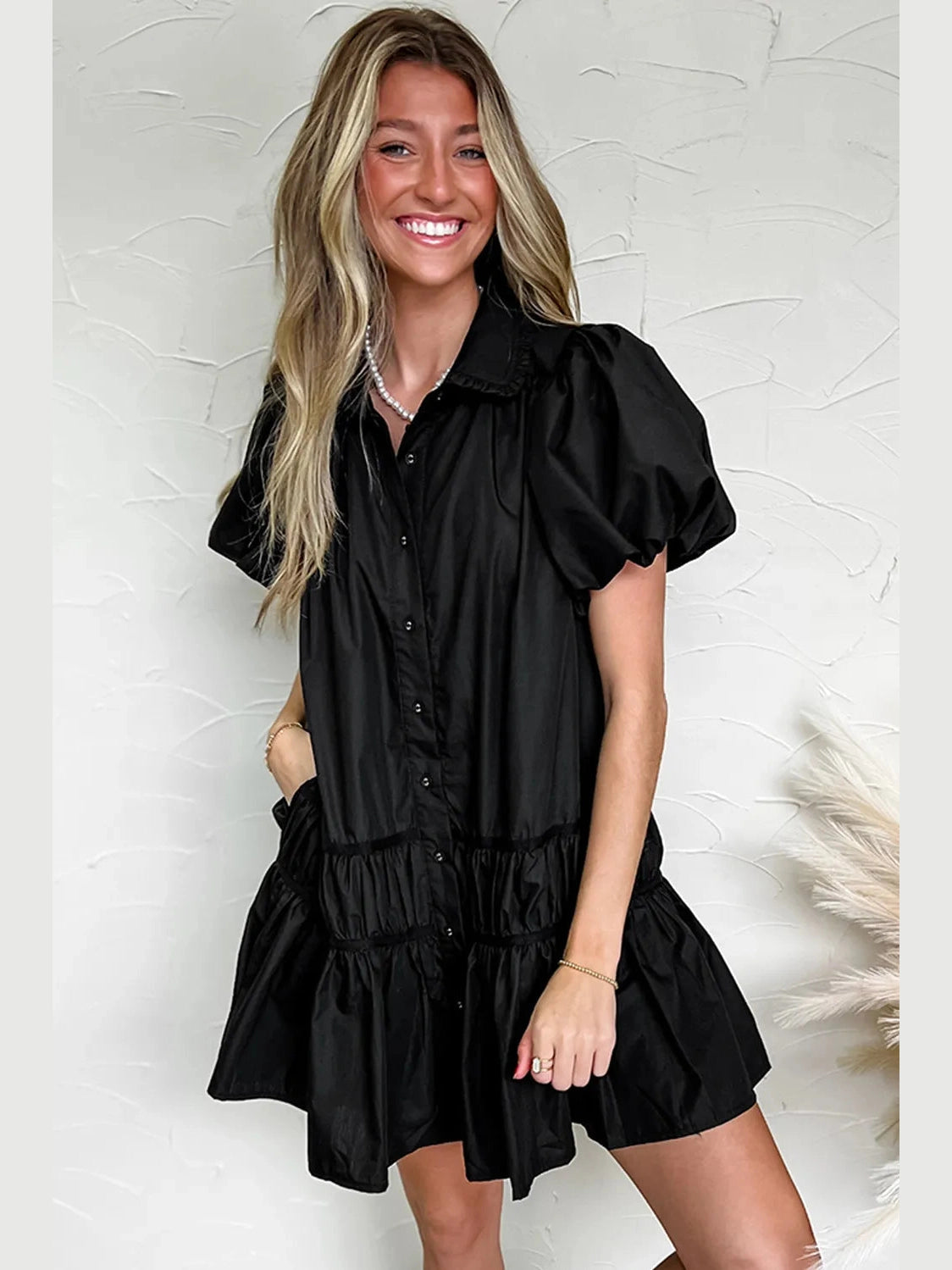 Button Down Puff Sleeve Ruffle Hem Dress NicholesGifts