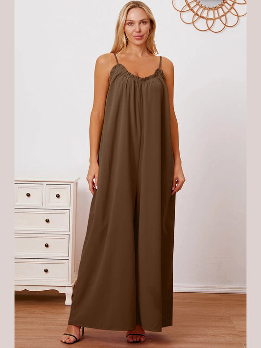 Double Take Full Size Ruffle Trim Tie Back Cami Jumpsuit with Pockets Trendsi