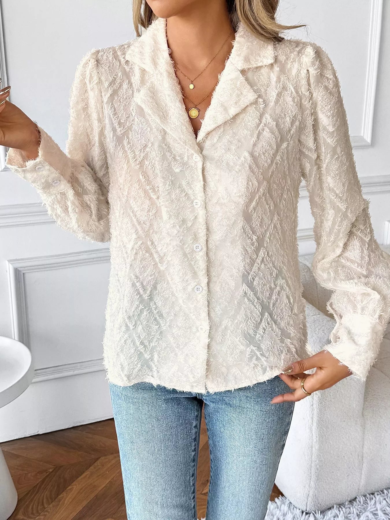 Textured Long Sleeve Button-Up Shirt NicholesGifts