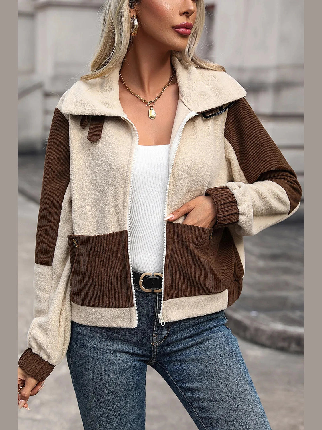 Perfee Color Block Zip Up Pocketed Jacket nicholesgifts