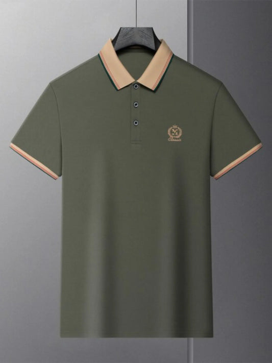 Men's Plus Size Contrast Collar Polo with Embroidered Logo Trendsi
