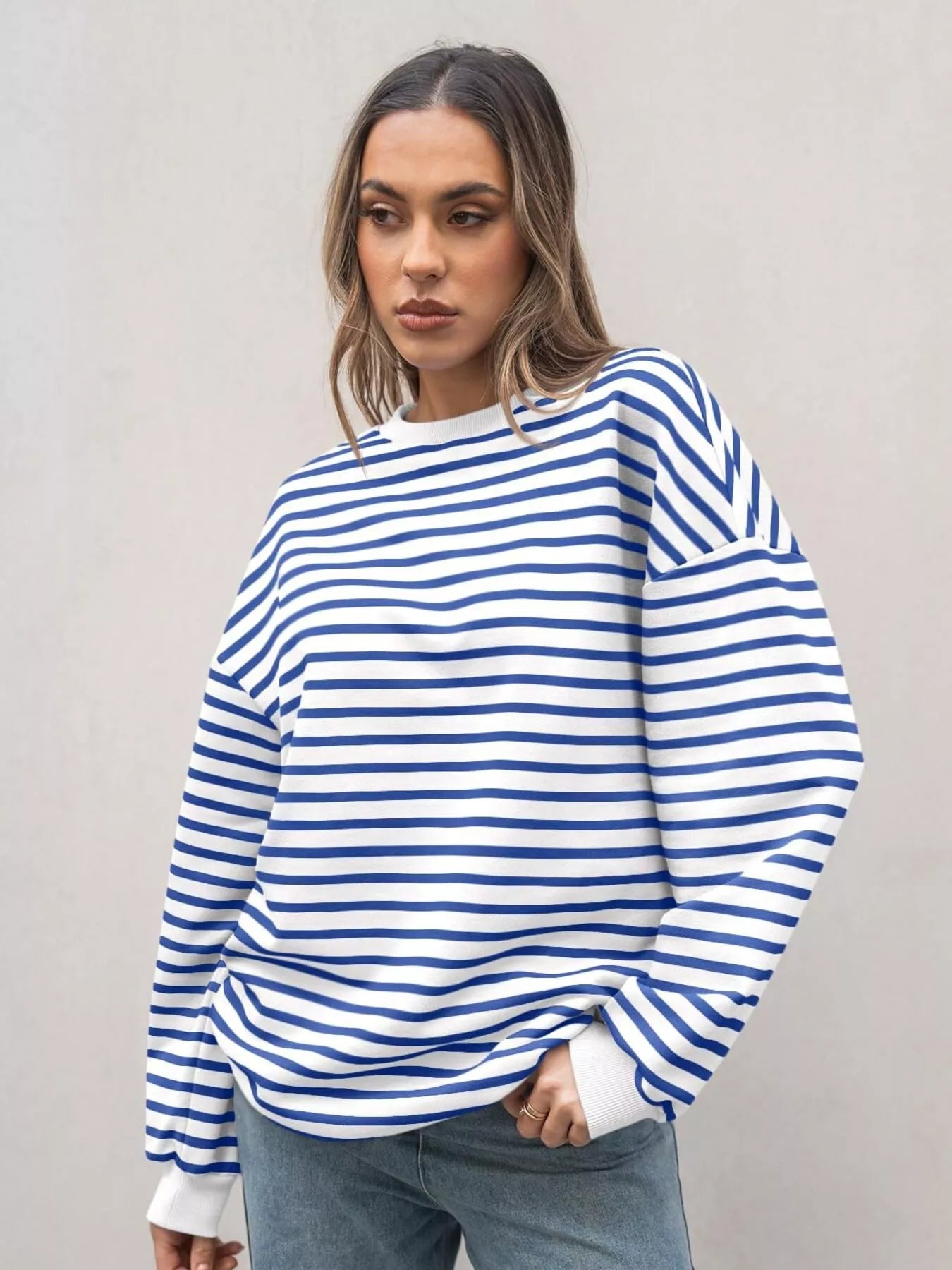 Striped Round Neck Oversized Casual Sweatshirt Trendsi