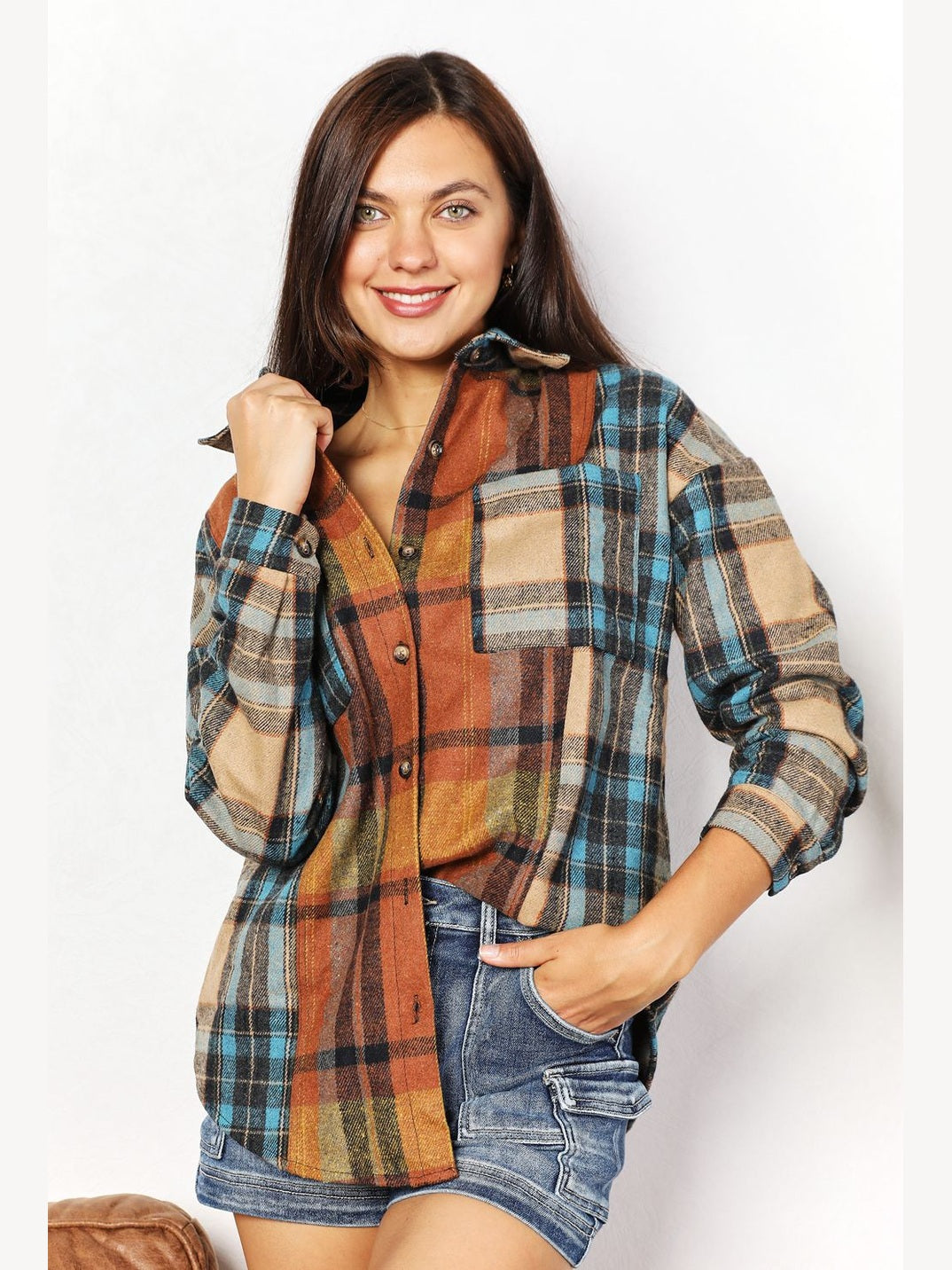 Double Take Plaid Curved Hem Shirt Jacket with Breast Pockets nicholesgifts