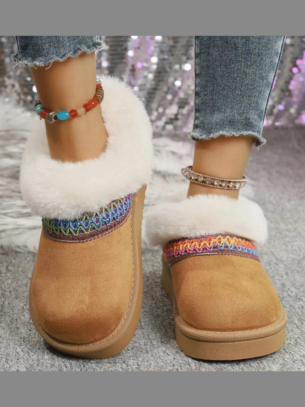 Fur-Lined Platform Boots with Decorative Woven Strap Trendsi