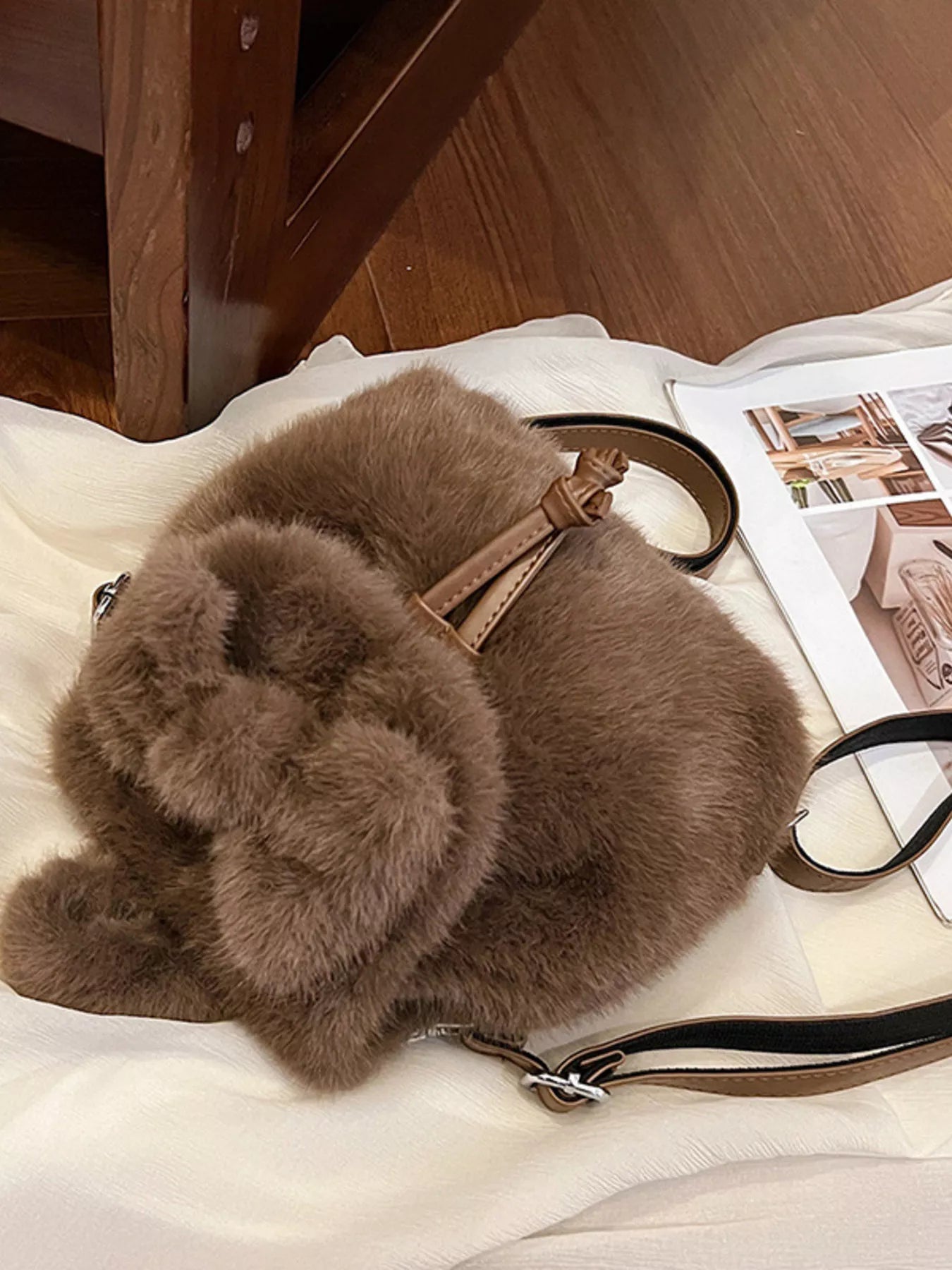 Fuzzy Plush Drawstring Backpack Bag nicholesgifts