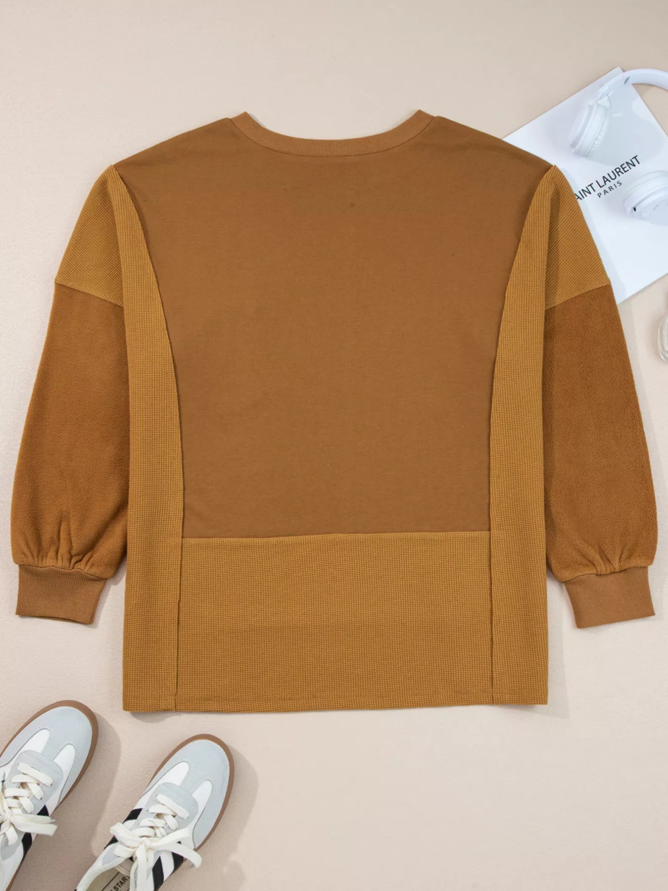 Oversized Textured Split Neck High Low Sweatshirt Trendsi