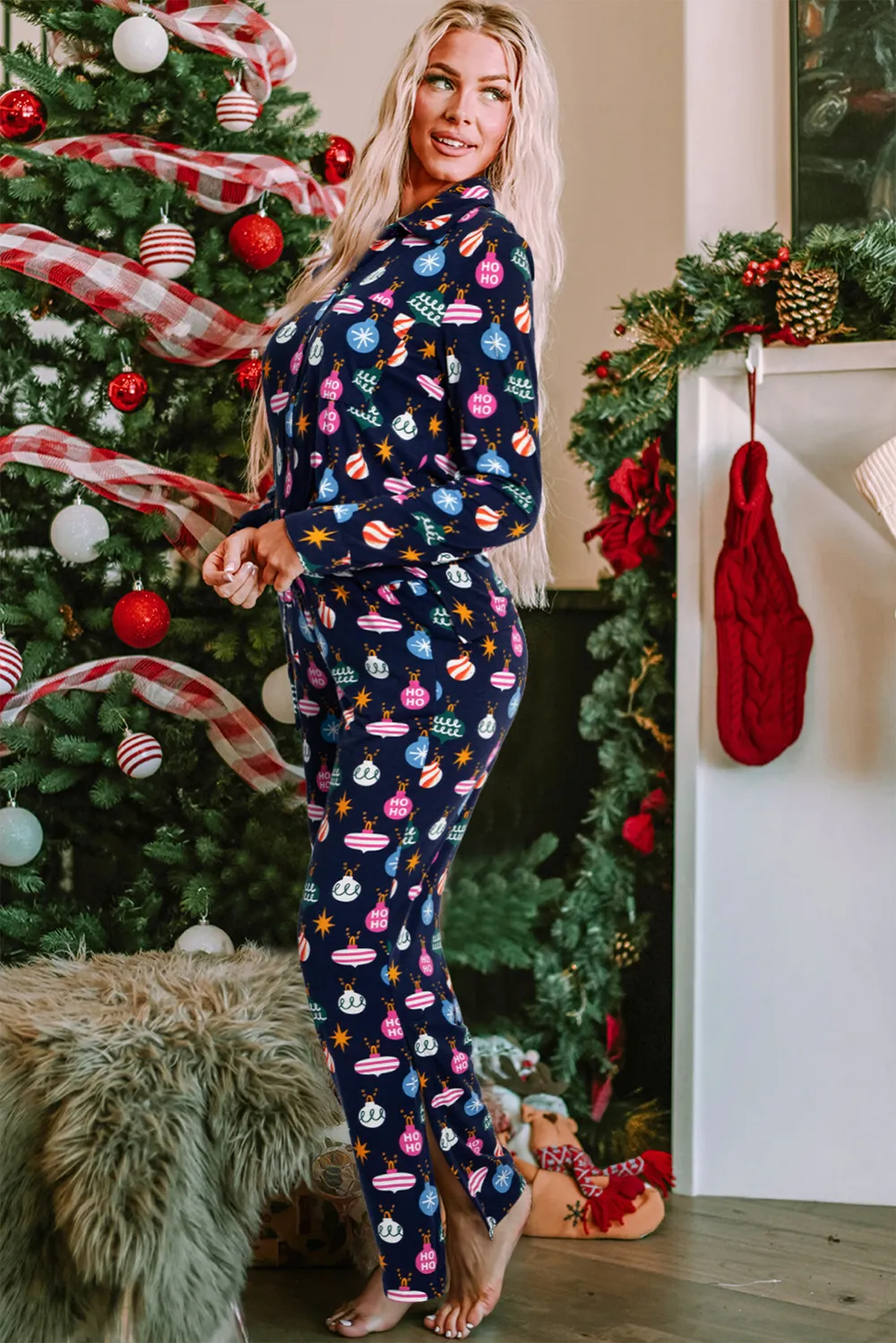 Christmas Lights Print Collared Neck Top and Pants Set Trendsi