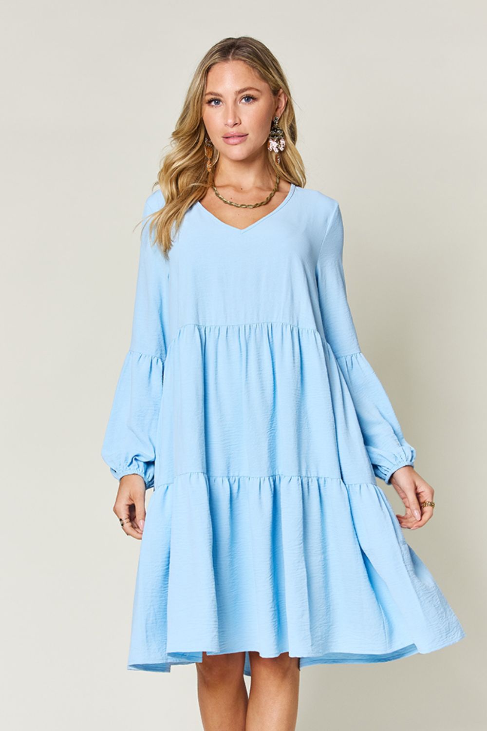 Double Take Full Size V-Neck Balloon Sleeve Tiered Dress nicholesgifts