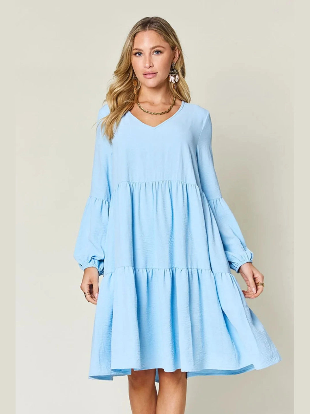 Double Take Full Size V-Neck Balloon Sleeve Tiered Dress with Pockets nicholesgifts