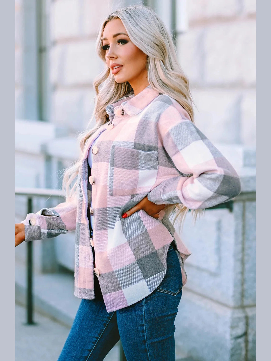 Plaid Button Up Dropped Shoulder Jacket nicholesgifts