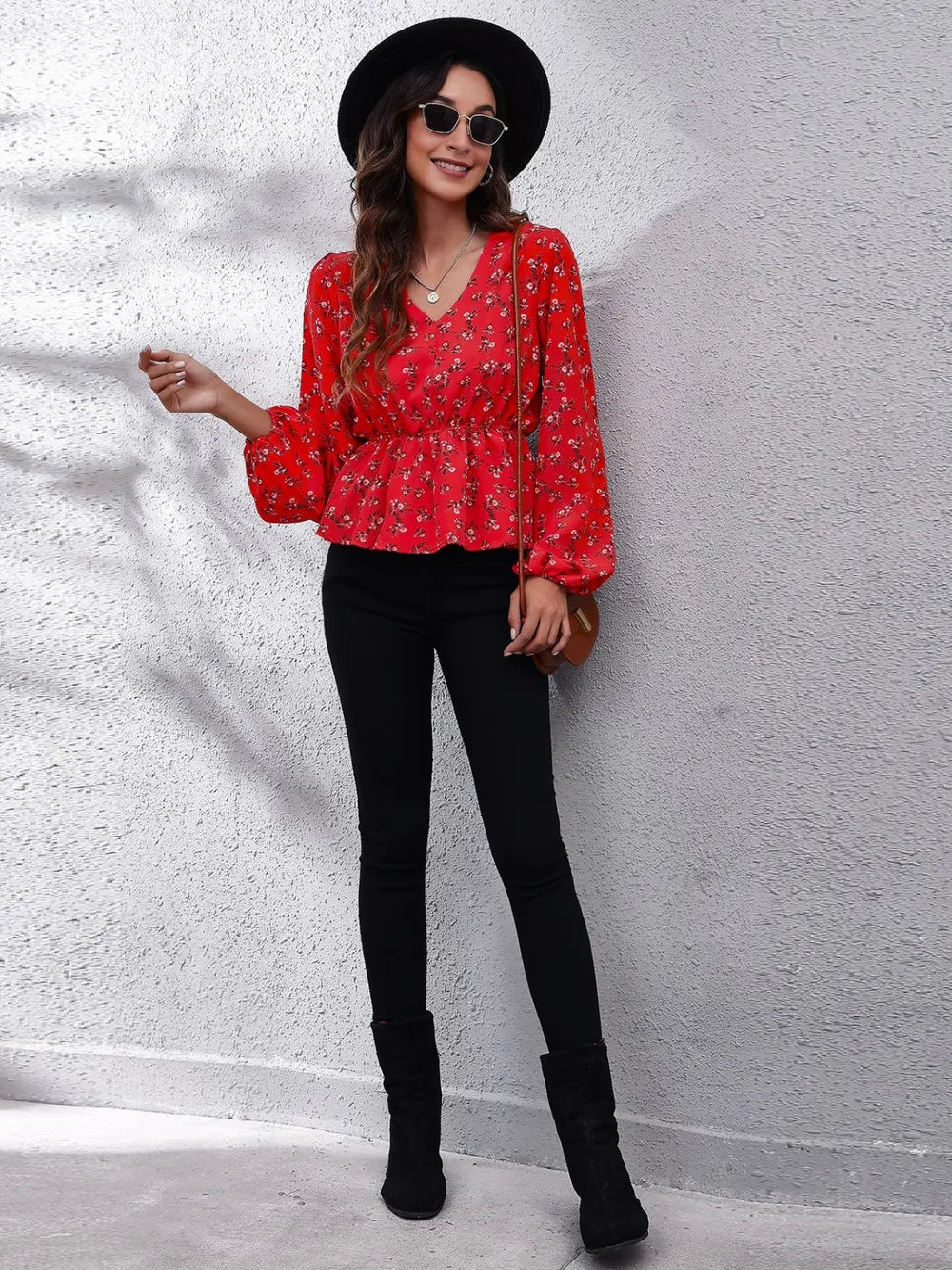 Floral V-Neck Balloon Sleeve Peplum Blouse nicholesgifts