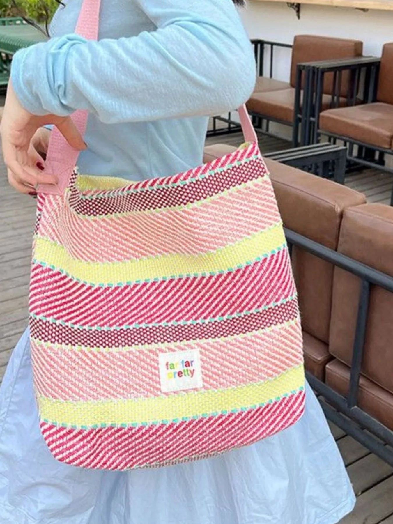 Striped Woven Shoulder Bag with Adjustable Strap nicholesgifts