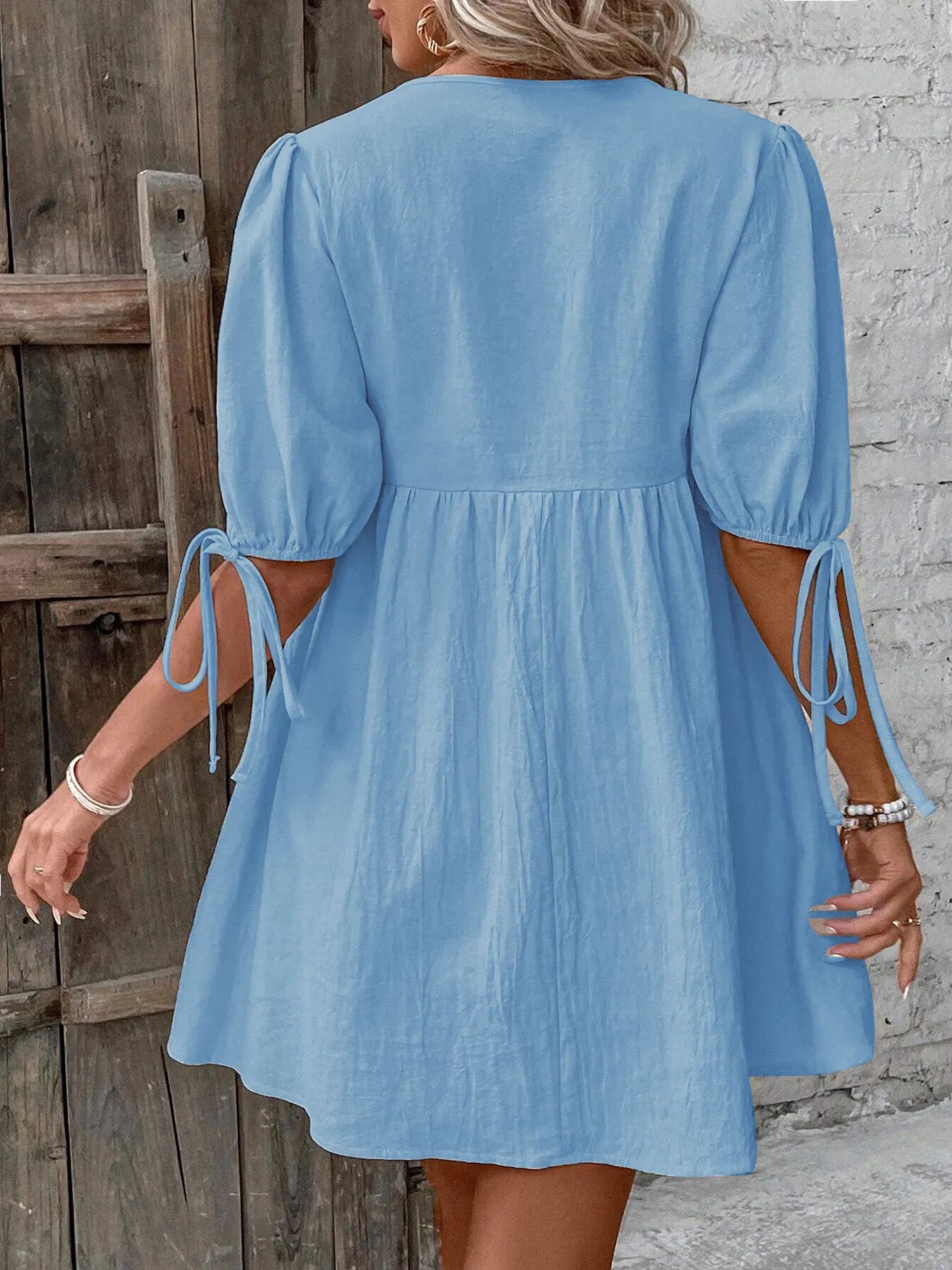 V-Neck Tie-Front Mini Dress with Puff Sleeves NicholesGifts