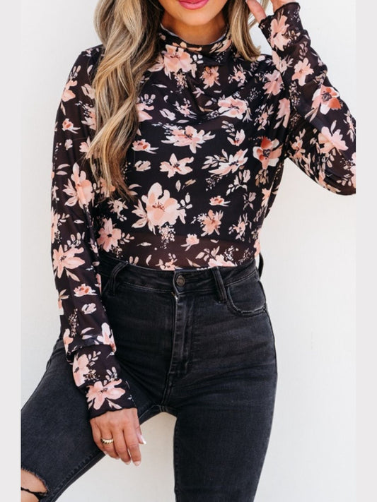 Women Floral Mock Neck Long Sleeve Blouse