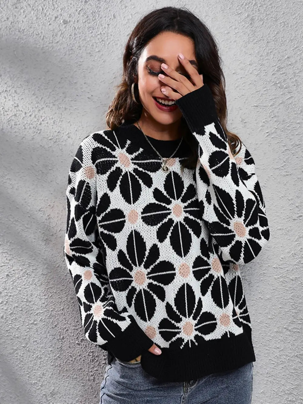 Floral Round Neck Long Sleeve Sweater nicholesgifts