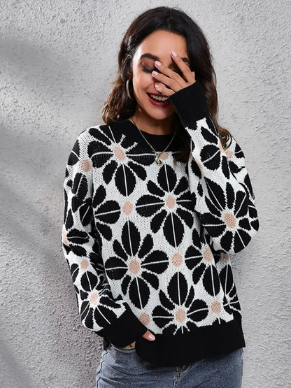 Floral Round Neck Long Sleeve Sweater nicholesgifts