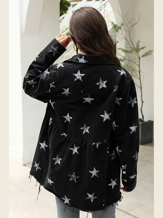 Collared Neck Star Print Long Sleeve Denim Jacket nicholesgifts