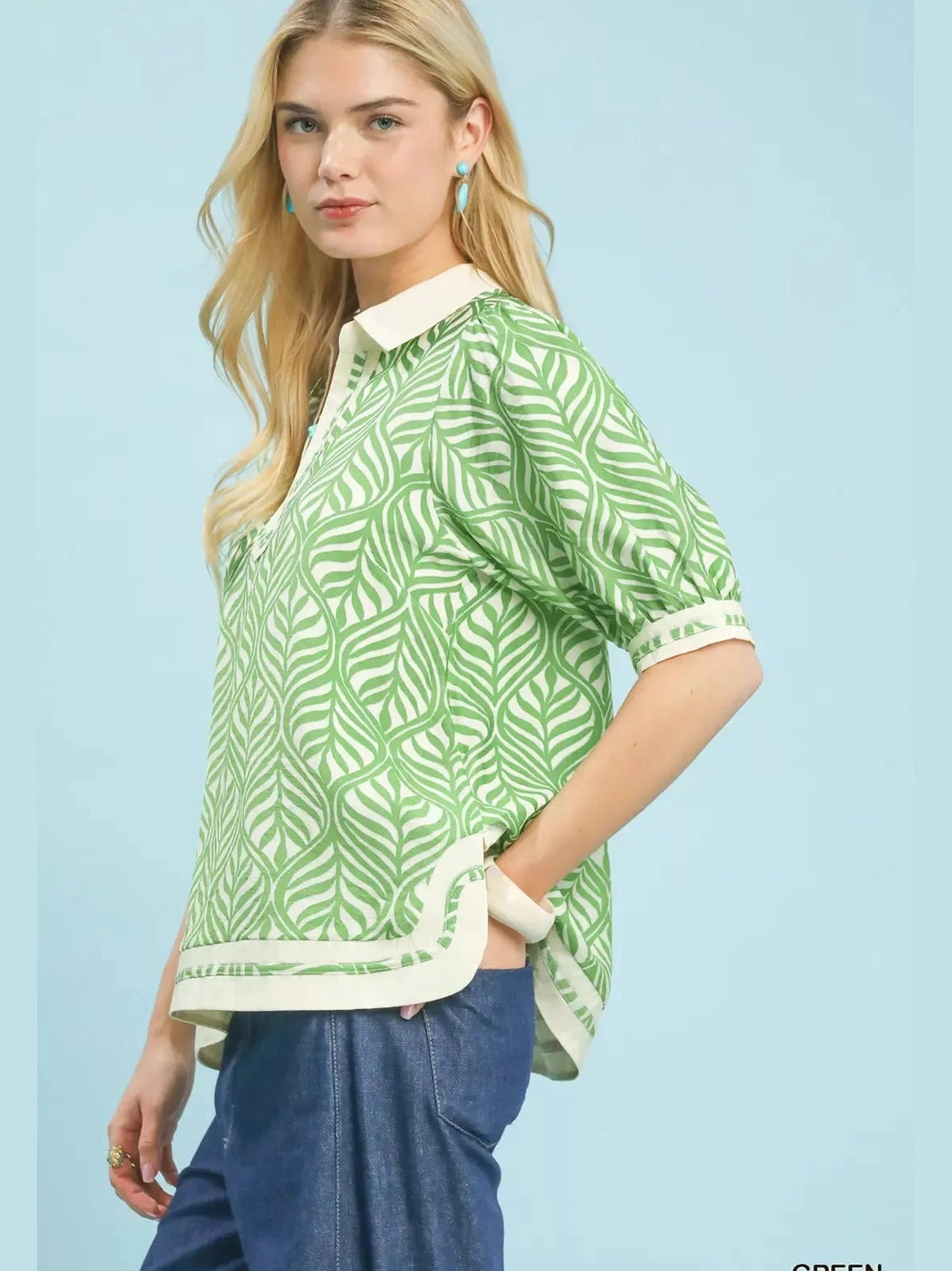 Umgee Geometric Leaf Print Popover Top nicholesgifts