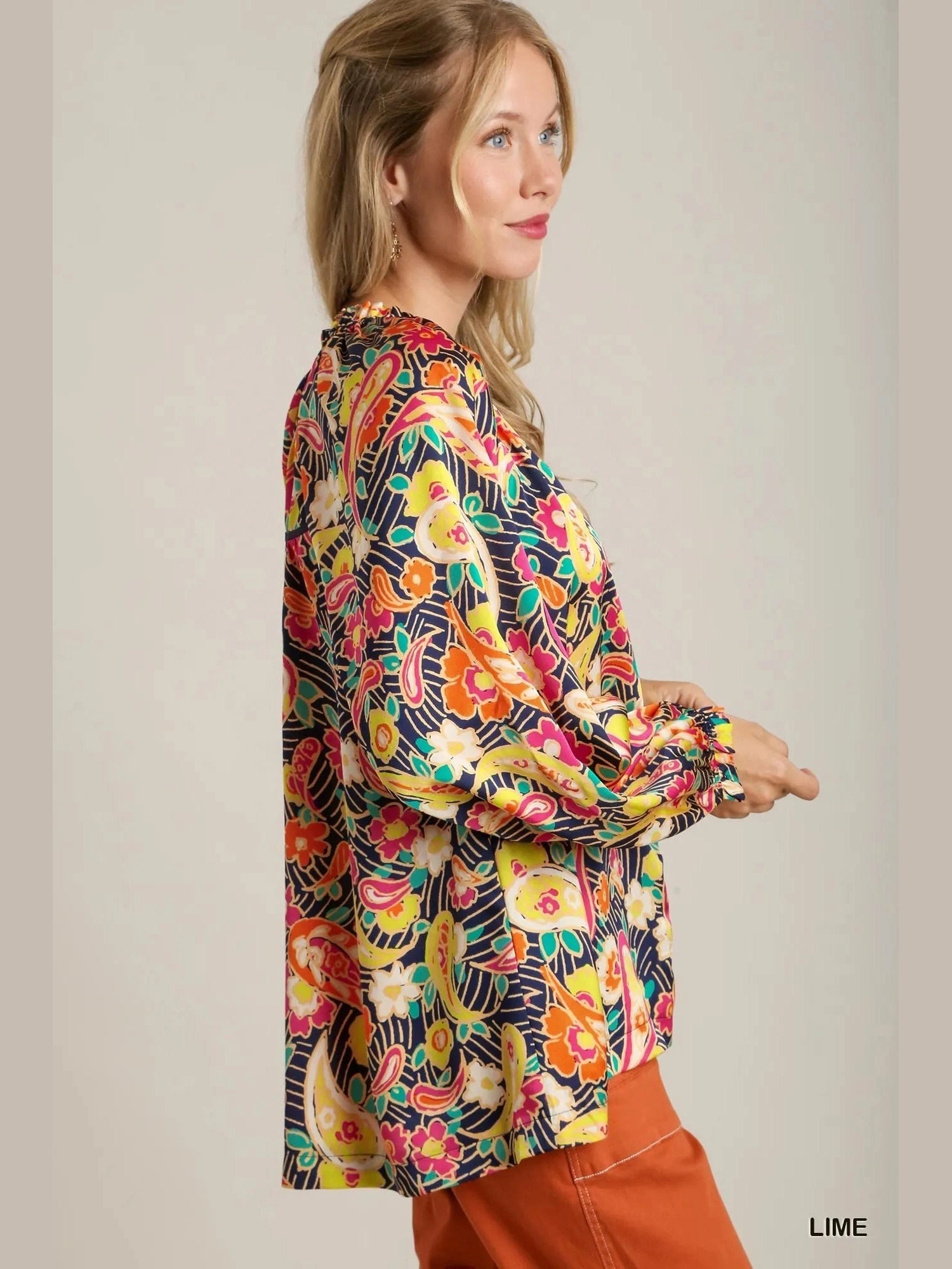 Umgee Full Size Satin Paisley Ruffle Neck Button-Up Shirt Plus Size NicholesGifts